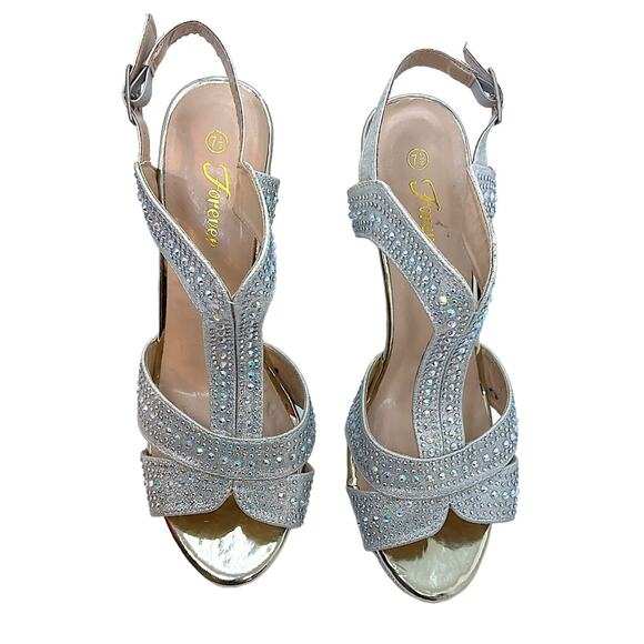 FOREVER Sandal 7.5 M SILVER Rhinestone High Heel Wedding Bling Prom Padded - Picture 3 of 10